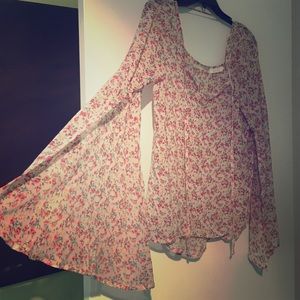 Sheer floral print split bell sleeve blouse