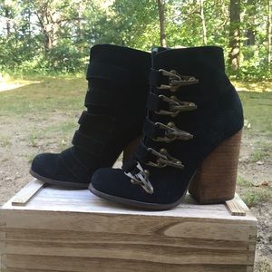 Black Suede Booties with Brass Buckles