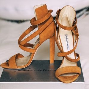 Brian Atwood camel suede heels