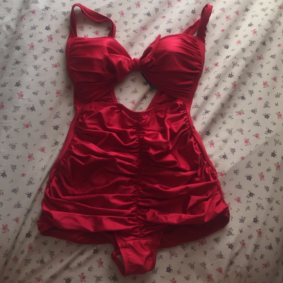 Red pin up style one piece swim suit