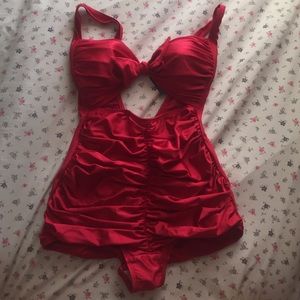 Red pin up style one piece swim suit