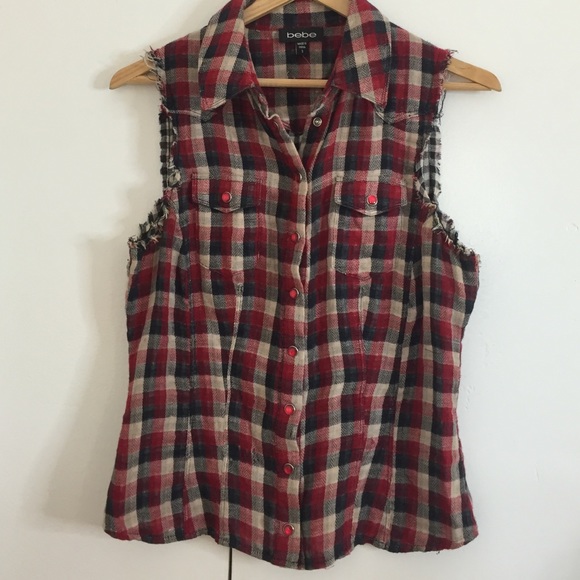 Bebe distressed plaid button up