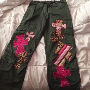 Green with pink crosses cargo pants