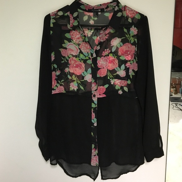 Sheer Black Floral Button-Down