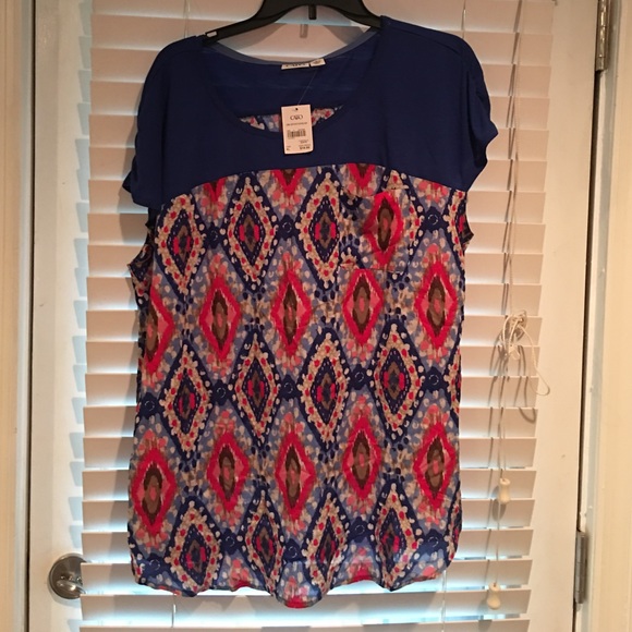 New Cato XL blue & multi cap sleeve blouse