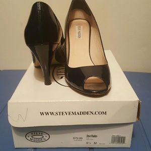 Black patent peep toe heels