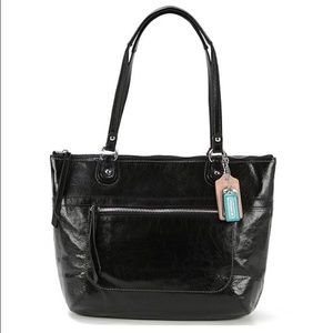 Coach Poppy leather tote, black/silver