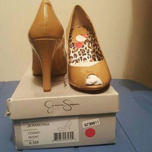 Tan patent peep toe heels