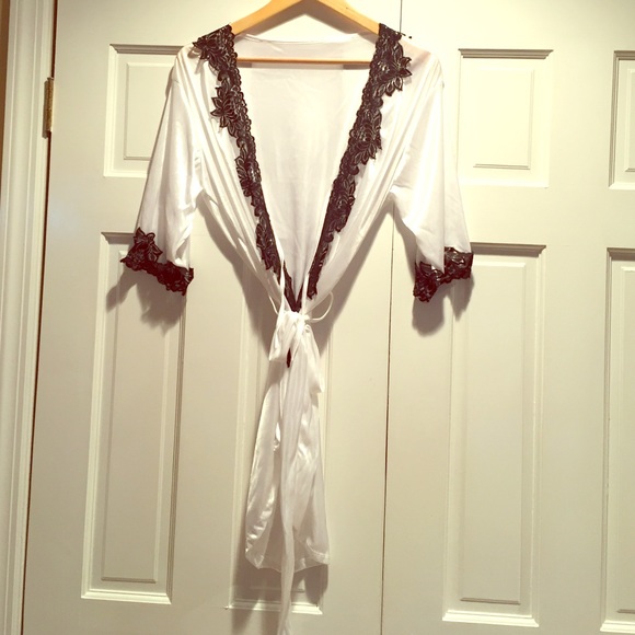 Silk robe with black lace accents