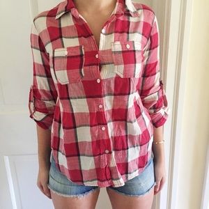 Sandra Ingrish Cotton Red Plaid Button Down Top