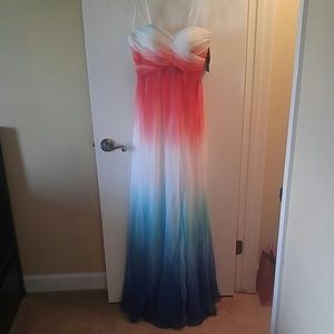 Coral/White/Light and Dark Blue Long Dress