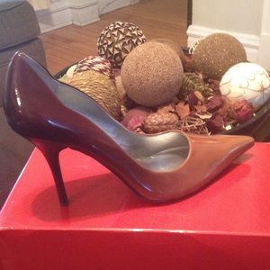 Brown and Tan Patent Leather Pump by Guess.
