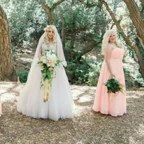 Beautiful salmon colored bridesmaid maxi dress