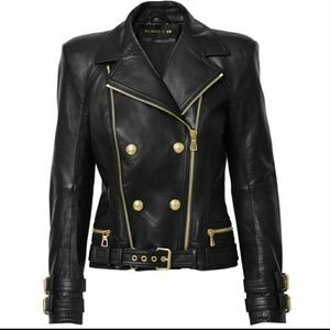 H&M BALMAIN LEATHER JACKET WITH GOLD DETAILS