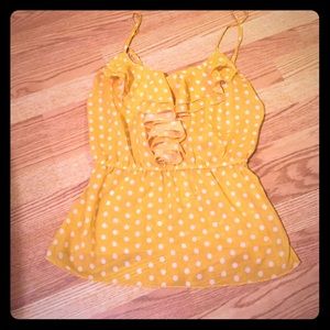 Yellow polka dot chiffon top. Size L