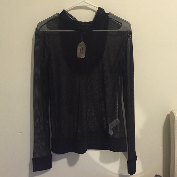 Black mesh hooded long sleeve top