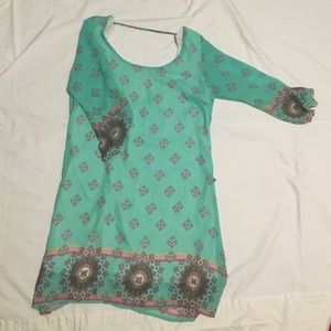 Printed mint chiffon dress with an open back