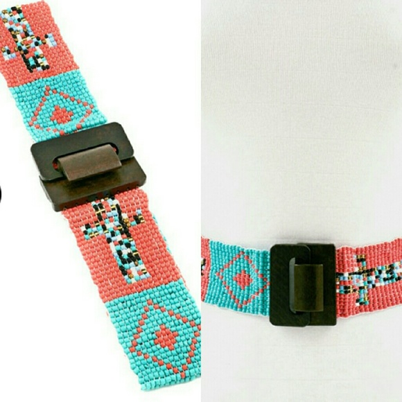 Coral and turquoise beaded stretch belt