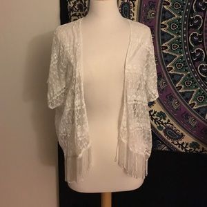 Fringed laced sheer short sleeved sweater
