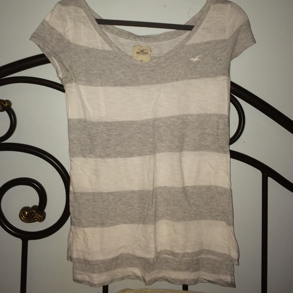 Hollister heather grey and white striped t shirt.