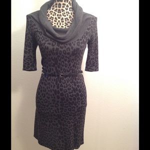 Express Animal Print Cowl Neck Belted Dress