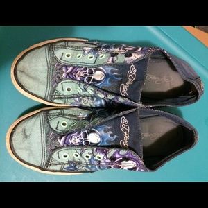 Ed Hardy Slip On blue skull pattern shoes