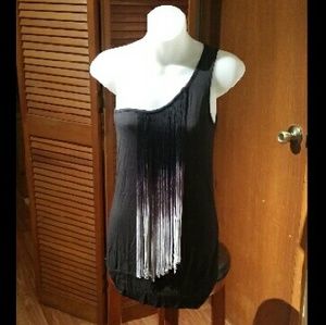 One shoulder black and fringe dress