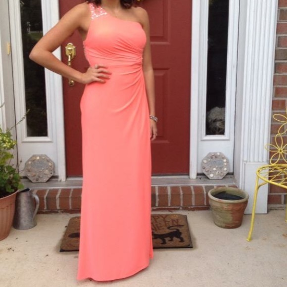 Coral one shoulder open back prom dress