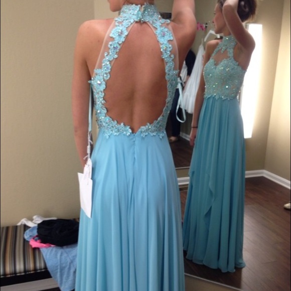 Blue open back floral prom dress