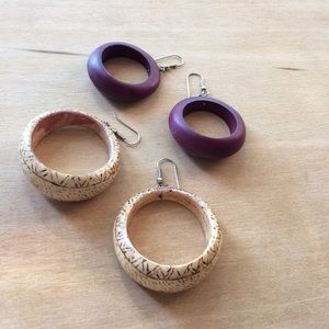 Two Pair Wooden Hoop Earrings