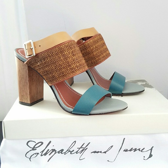 Blue and brown raffia/leather high heel sandals
