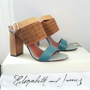 Blue and brown raffia/leather high heel sandals