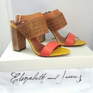 Orange and brown raffia/leather high heel sandals