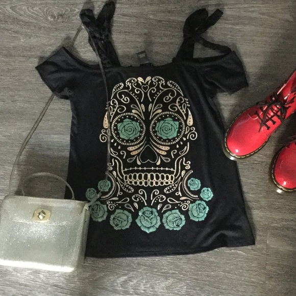 Sparkly Sugar Skull Cold Shoulder top!