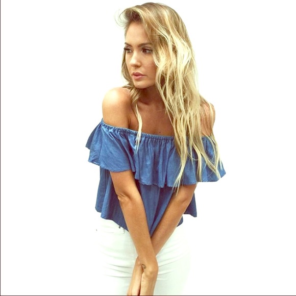Sexy Blue Denim Off Shoulder with Ruffles