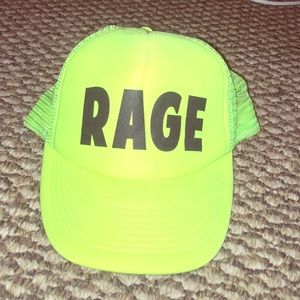 Lime green RAGE snap back hat.