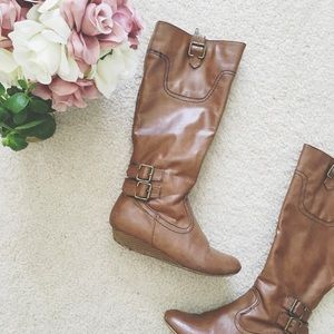 Bamboo Cognac Knee High Zip Wedge Boots Bamboo Cognac Knee High Zip Wedge Boots