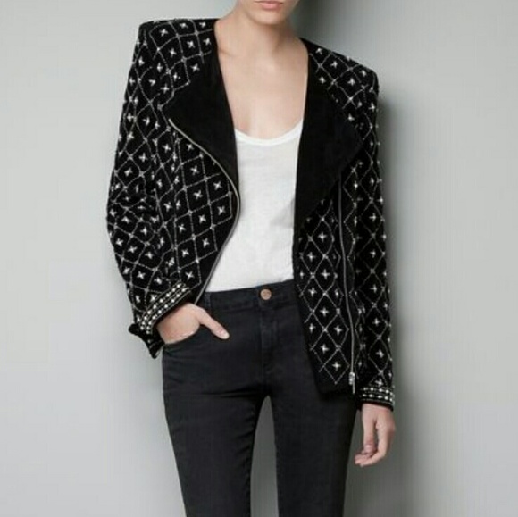 Zara Embroidered Diamonds Pearls Diagonal Zipper