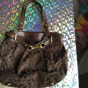 Brown leather and coach canvas purse gold accents