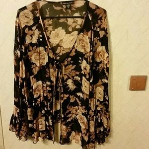 Black and Tan Flowered Cardigan Blouse