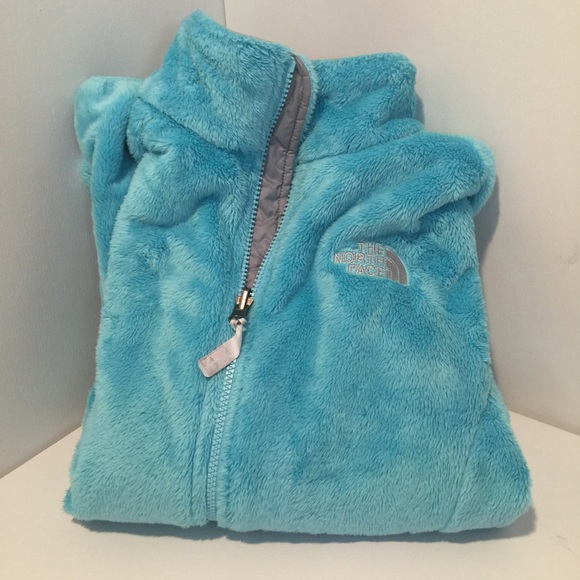 Teal blue fuzzy North Face jacket
