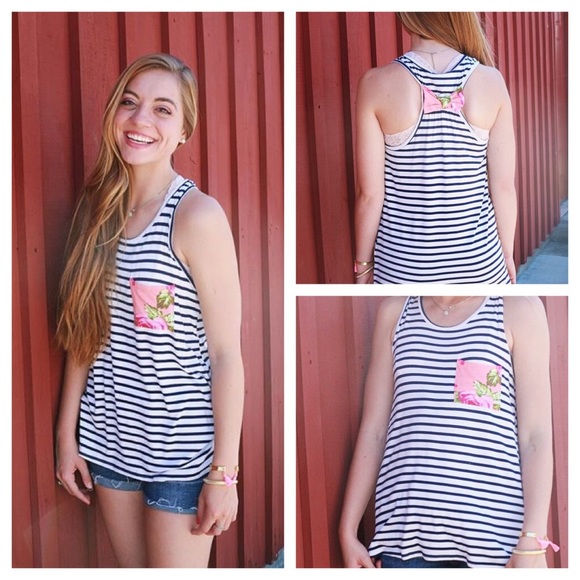 Tops - Floral Stripe Racerback Pocket Tank