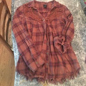 Brown plaid button up fringed bottom shirt