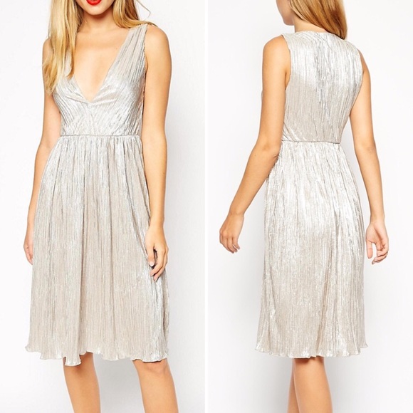 Silver ASOS V Neck Foil Midi Dress