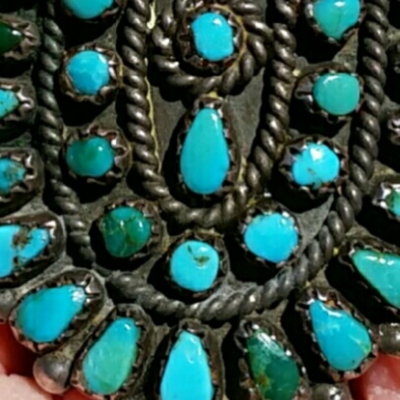 OLD PAWN ZUNI 1 3/4 tall Turquoise Strl Ring 7.5 - Picture 4 of 4