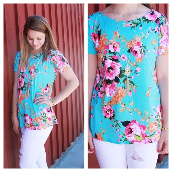 Tops - Bright Teal Floral Tee