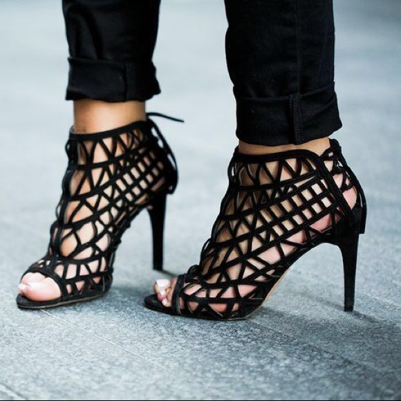 Zara Laser Cut Black Suede Cage High Heel Booties