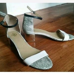 LOFT sandal black white gold stacked heel sz 6