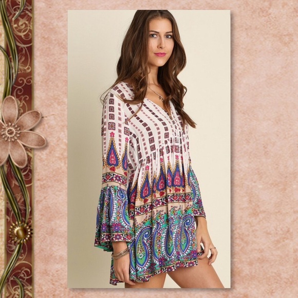 5⭐RATED LAST 1 🆕Boho V-Neck Mini Peasant Dress - Picture 2 of 4