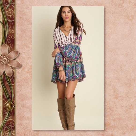5⭐RATED LAST 1 🆕Boho V-Neck Mini Peasant Dress - Picture 4 of 4